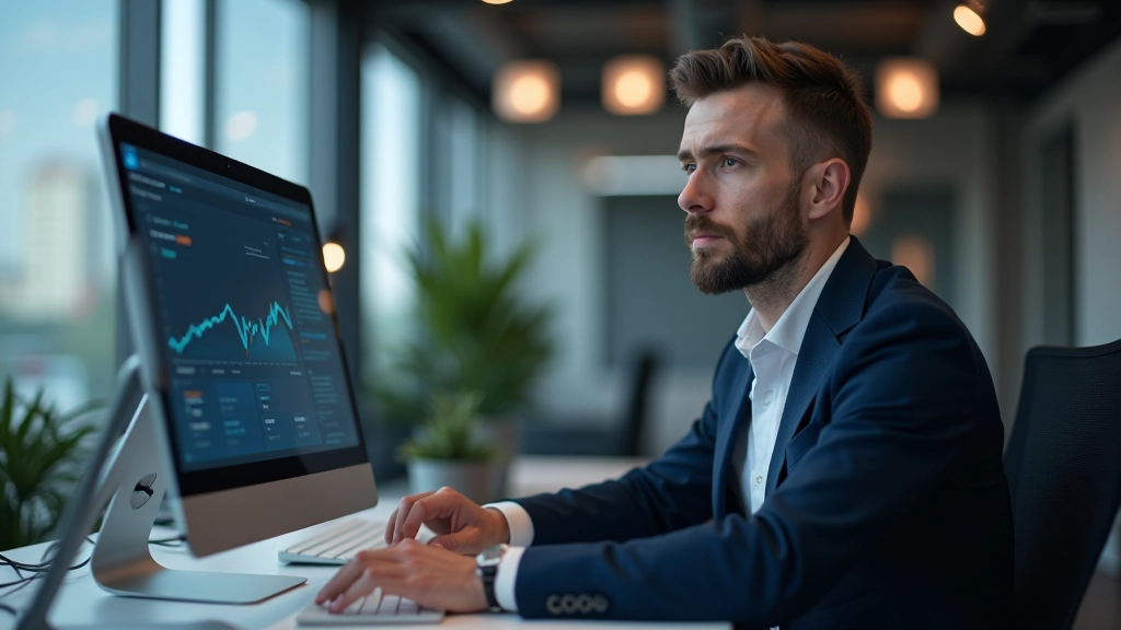 Finanšu analitiķis pēta ES finansējuma programmas uz datormonitor, inovācijas un startup attīstības dokumentācija